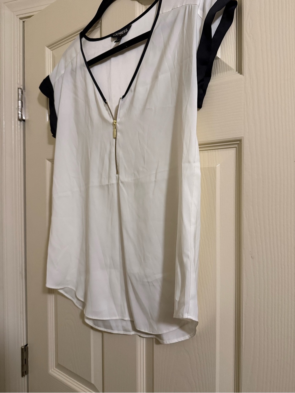Express White Zip-Front Blouse with Black Trim